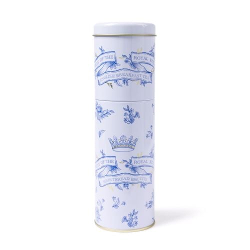 Tall white cylindrical tin with a gold rimmed lid, decorated in blue with ornate banners reading “English Breakfast Tea”, “Shortbread Biscuits,” and "Property Of The Royal Kitchen", floral motifs and crown illustrations. 