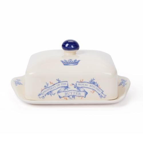 Cream earthernware butter dish with blue typeface on banner stating property of the Royal Kitchen