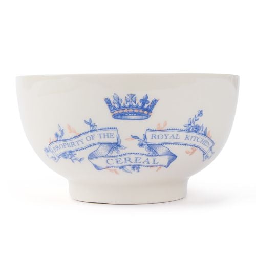 Cream earthenware cereal bowl with blue crown and banner stating property of the Royal kitchen