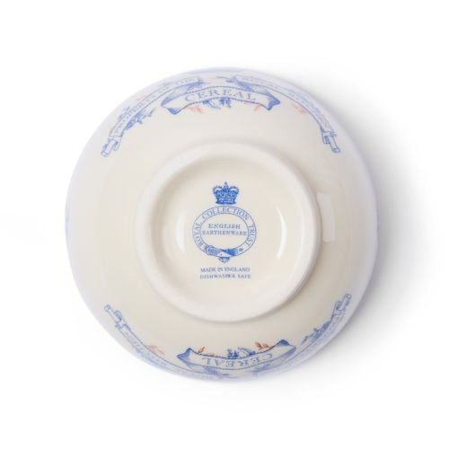 Cream earthenware cereal bowl with blue crown and banner stating property of the Royal kitchen