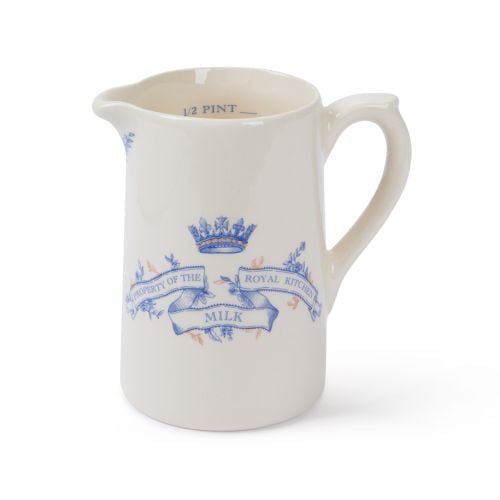 Cream earthenware half pint milk jug with blue crown and banner stating property of the Royal kitchen
