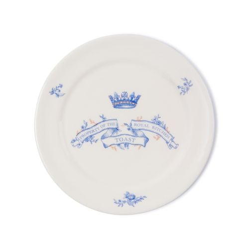 Cream earthenware toast plate with blue crown and banner stating property of the Royal kitchen