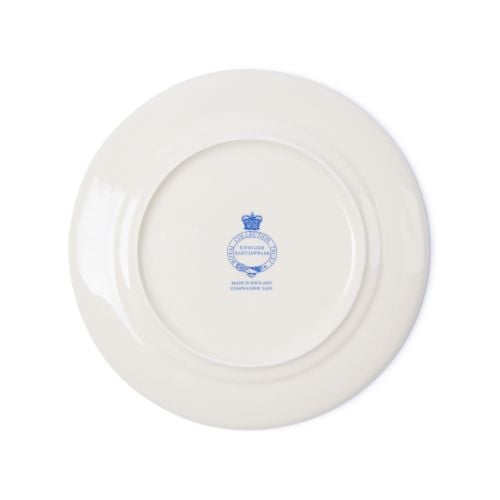 Cream earthenware toast plate with blue crown and banner stating property of the Royal kitchen