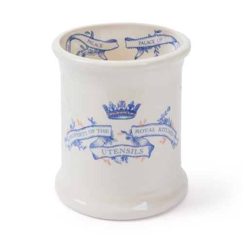 Cream earthenware utensil pot with blue crown and banner stating property of the Royal Kitchen
