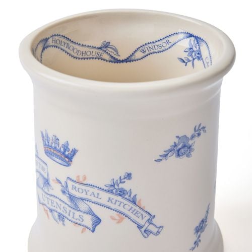Cream earthenware utensil pot with blue crown and banner stating property of the Royal Kitchen