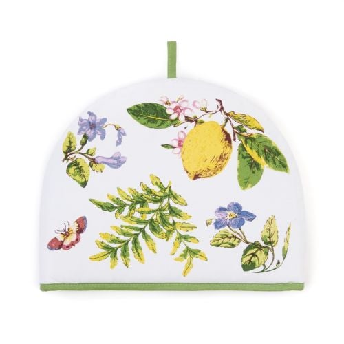 tea cosy printed with Chelsea Porcelain inspired designs. White background with green finishes.