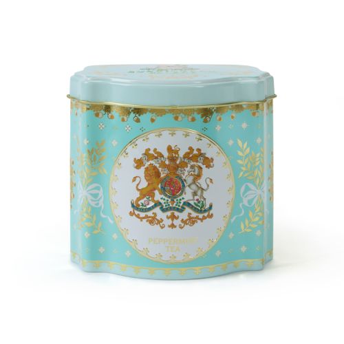 Mint green tin containing peppermint tea with the Royal Coat of  Arms crest