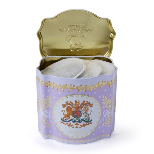 lilac tea caddy containing lady grey teabags, featuring Royal coat of arms