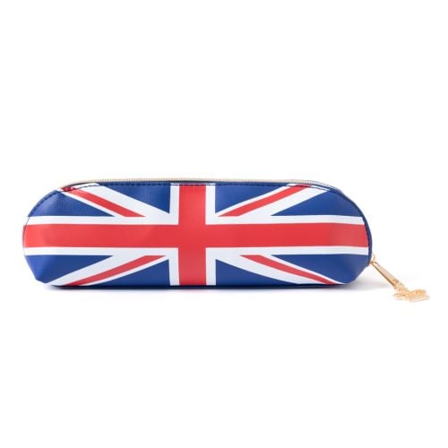 Blue pencil case featuring a bold Union Flag design in red, white, and blue, finished with a gold-tone zip closure with crown. 