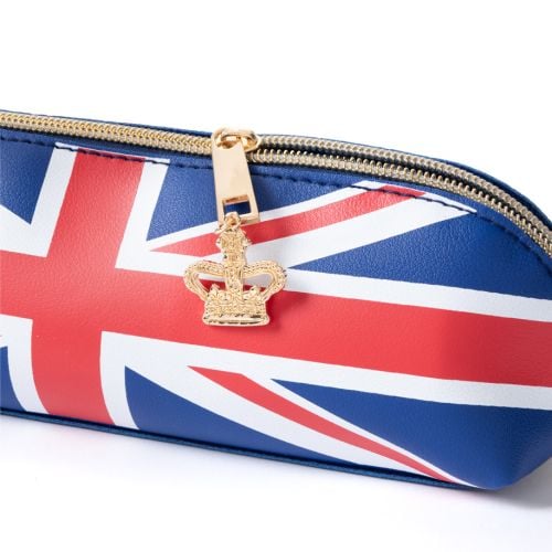 Blue pencil case featuring a bold Union Flag design in red, white, and blue, finished with a gold-tone zip closure with crown. 