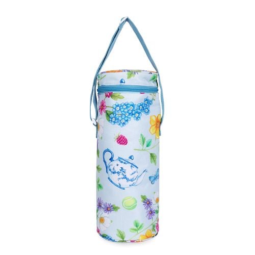 Blue wine cooler printed with florals and other royal summertime symbols including fruit, tennis balls and floral teapots. There is a blue handle and blue zip round the top of the wine cooler.