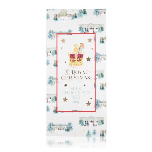rectangular packaging with illustrations of the royal residences and crown with robin.
