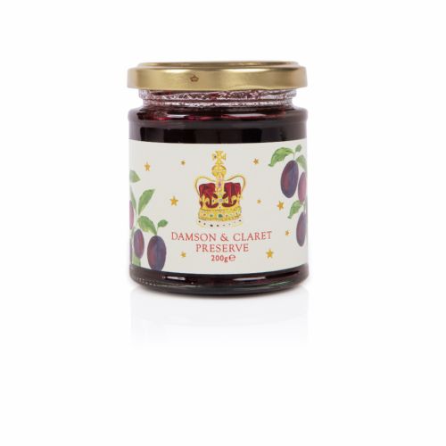 glass jar packaging of damson and claret preserve including band of illustrations of fruit and crown. 