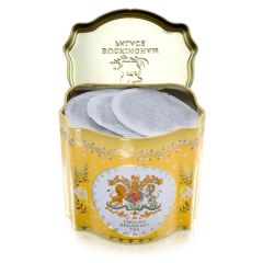 Front of tin. Lid open showing round tea bags. Tin is yellow and decorated with the Royal Coat of Arms, leaves tied with bows and acorns. 