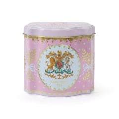 Decorative pink tin containing Earl Grey tea  decorated with the Royal Coat of Arms crest.