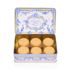 Open rectangular tin of shortbread biscuits.  A white tin with a blue and gold floral garland and bird design