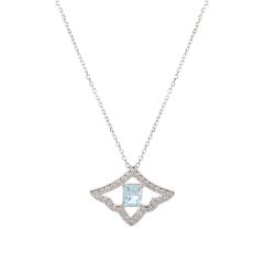Crystal design pendant on a silver chain necklace with a pale blue crystal at the centre