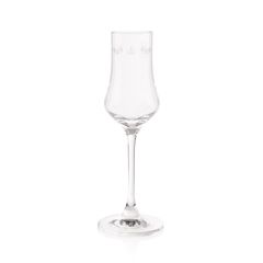 Sloe gin glass etched with sloe gin berries and a crown