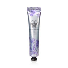 Silver tube of hand cream decorated with lilac florals. A silver crown is printed on the front.
