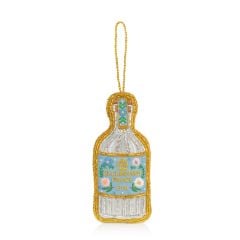 Buckingham Palace Dry Gin decoration. Embroidered with silver beads, gold thread and a detailing of a gin bottle label. 