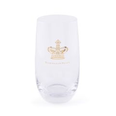 Highball glass with gold crown motif and Buckingham Palace below it