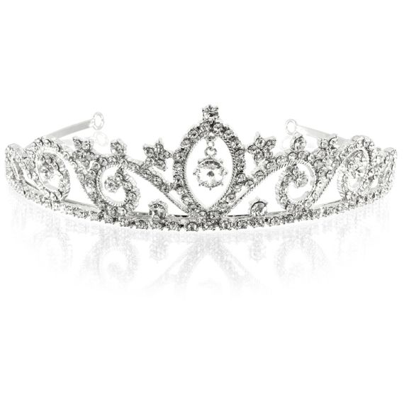 Crystal metal tiara featuring a central crystal bead drop surrounded with embeded sparkling crytals over an ornated band with wave form shapes. Crystal metal tiara featuring a central crystal bead drop surrounded with embeded sparkling crytals over an ornated band with wave form shapes.