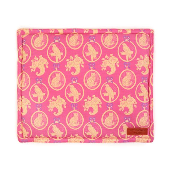 Square shaped pet blanket made using pink material and printed with yellow cats and parrots Square shaped pet blanket made using pink material and printed with yellow cats and parrots