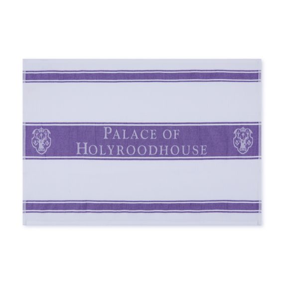 Purple and white waffle striped Palace of Holyroodhouse tea towel with Holyrood Palace retail crest. Purple and white waffle striped Palace of Holyroodhouse tea towel with Holyrood Palace retail crest.
