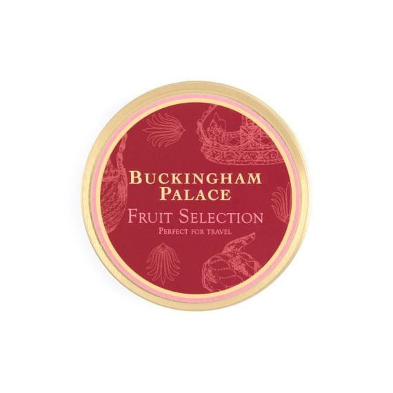 Lid of Buckingham Palace Fruit Selection. Red with white illustrations of crowns and teapots. Gold edge. Lid of Buckingham Palace Fruit Selection. Red with white illustrations of crowns and teapots. Gold edge.