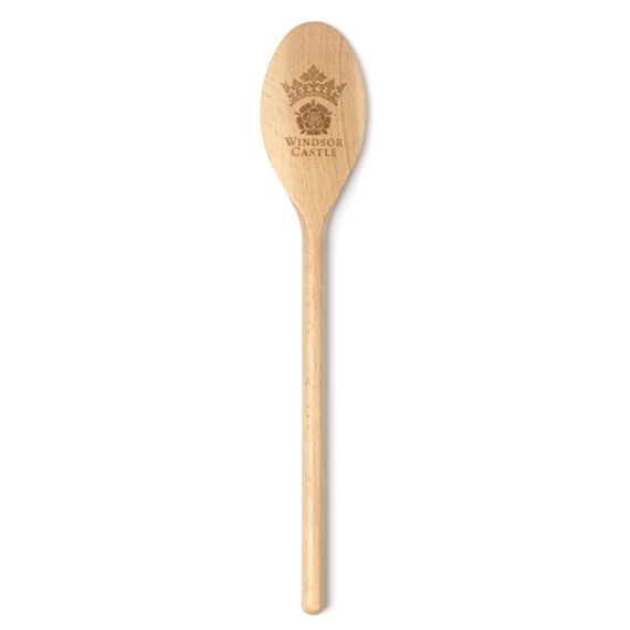 Wooden spoon with Windsor Castle, and the Windsor castle emblem carved on featuring a crown and Tudor rose. 
