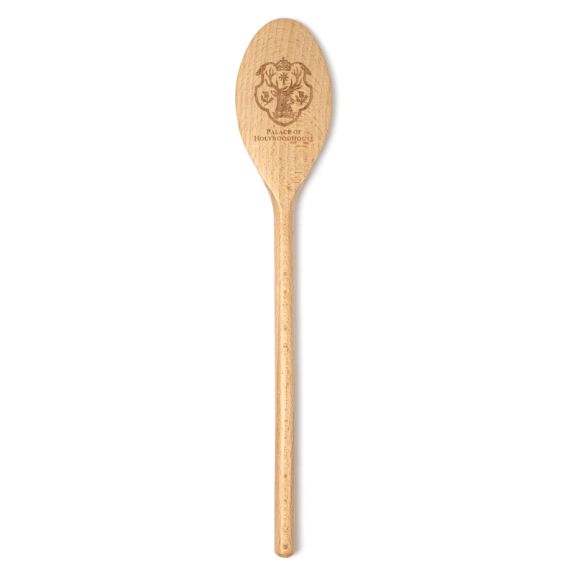 Wooden spoon with the Palace of Holyrood House emblem carved on the back. 