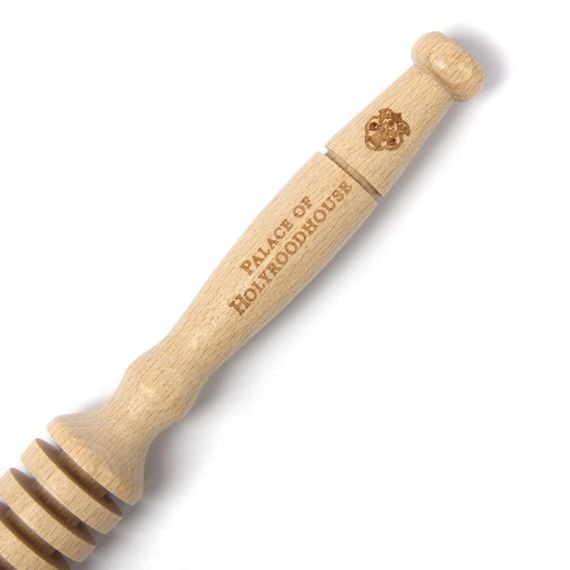 Wooden honey dipper with Palace of Holyroodhouse stag. 