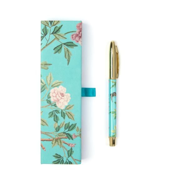 East Wing Pen with light teal wallpaper box and pen. East Wing Pen with light teal wallpaper box and pen.