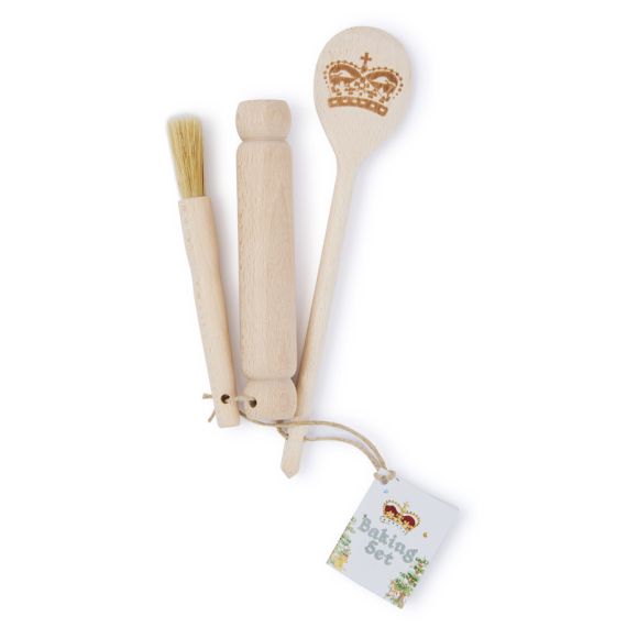 Baking set featuring a pastry brush, miniature rolling pin and wooden spoon with crown engraved on it. Baking set featuring a pastry brush, miniature rolling pin and wooden spoon with crown engraved on it.