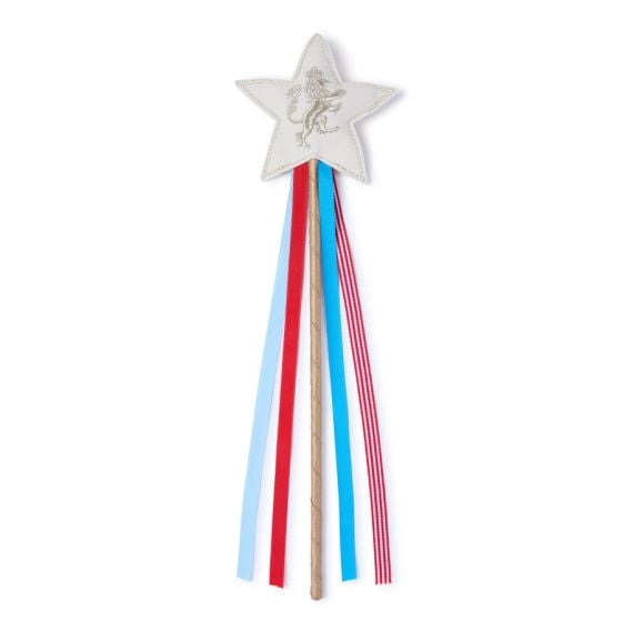 Children's wand with blue and red streamers, topped with a star, lion on one side and unicorn on the other. Children's wand with blue and red streamers, topped with a star, lion on one side and unicorn on the other.