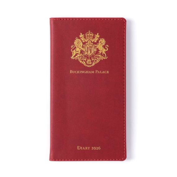 Red pocket diary with gold embossed crest and lettering, Buckingham Palace Diary 2026.