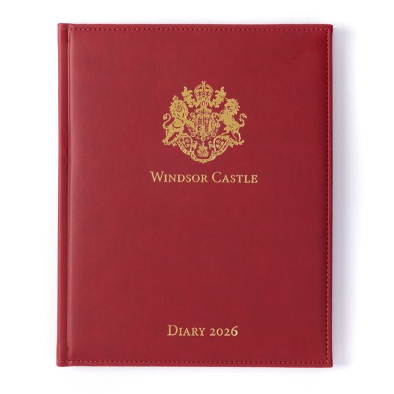 Red desk diary with gold embossed crest and lettering, Windsor Castle Diary 2026.