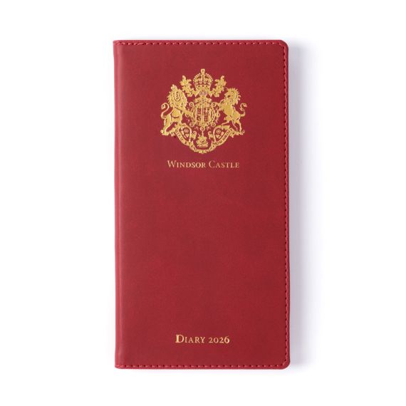 Red pocket diary with gold embossed crest and lettering, Windsor Castle Diary 2026.