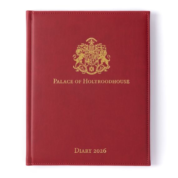 Red desk diary with gold embossed crest and lettering, Palace of Holyroodhouse Diary 2026.