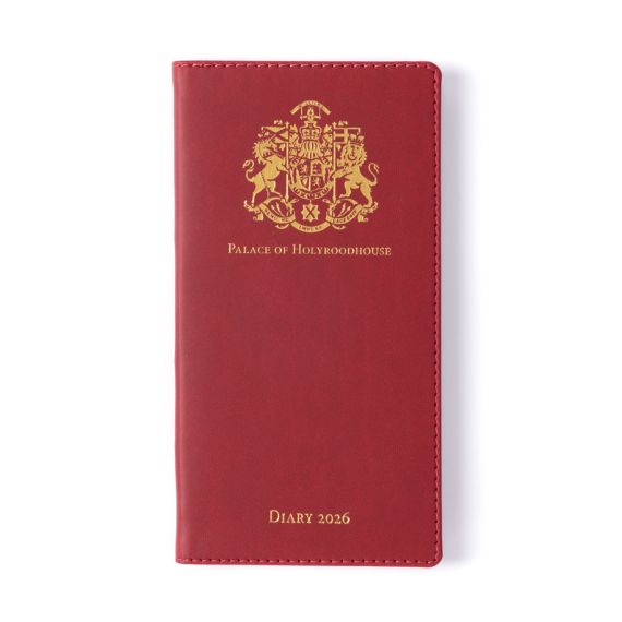 Red pocket diary with gold embossed crest and lettering, Palace of Holyroodhouse Diary 2026.