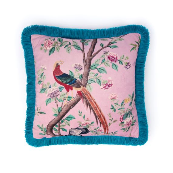 Pink East Wing Cushion with chinese wallpaper design featuring an exotic bird and blue border. Pink East Wing Cushion with chinese wallpaper design featuring an exotic bird and blue border.