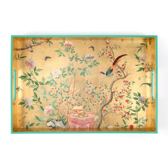 East wimg Lacquer tray with gold chinese wallpaper inspired design fetauring a pheasant on branch and butterflies with light tray edging. East wimg Lacquer tray with gold chinese wallpaper inspired design fetauring a pheasant on branch and butterflies with light tray edging.