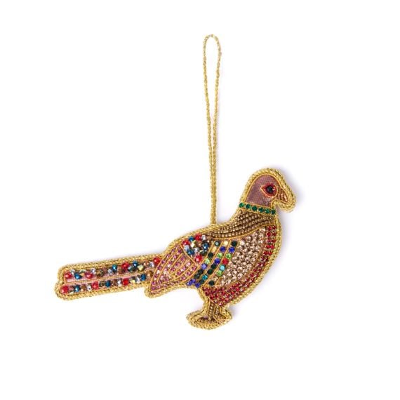 Beeded pheasant decoration with gold string. Beeded pheasant decoration with gold string.