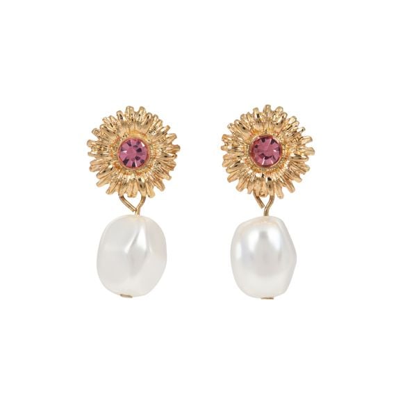 Sunflower earrings with pink gem centre and pearl drop. Sunflower earrings with pink gem centre and pearl drop.
