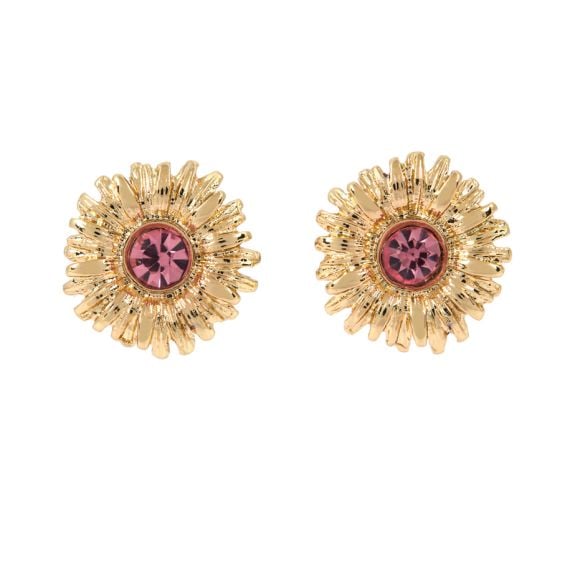 Yellow sunflower stud earrings with pink gem detail. Yellow sunflower stud earrings with pink gem detail.