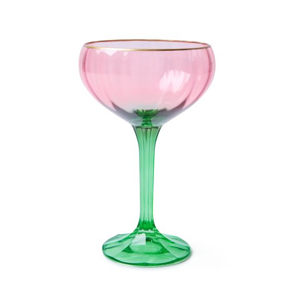 Single chandelier inspired coupe with green stem and base and pink coupe with gold rim. Single chandelier inspired coupe with green stem and base and pink coupe with gold rim.