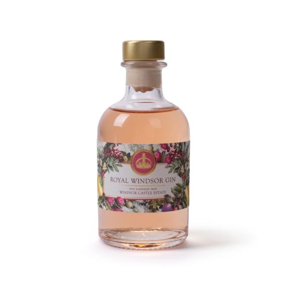 Miniature bottle of Royal Windsor pink gin with raspberries from Windsor Castle estate.