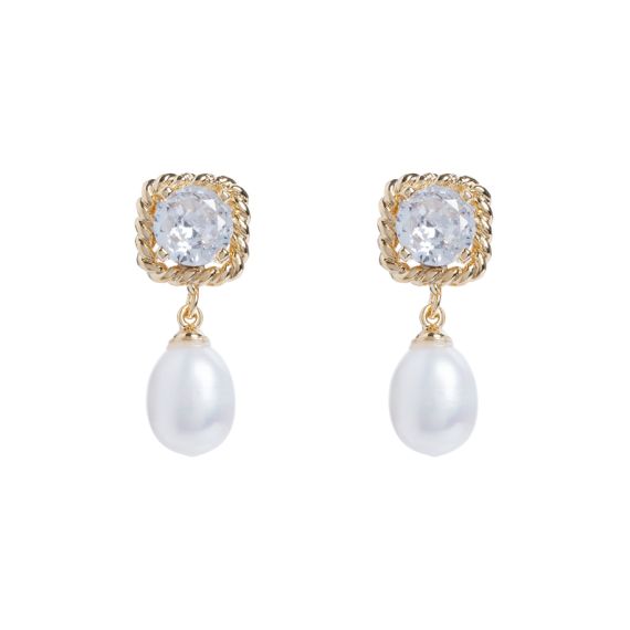 Large crystal stud with gold rope style edging attached to pearl drop. 