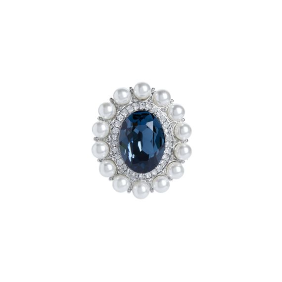 Large oval sapphire gem brooch with crystal and faux pearl border. 

