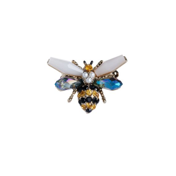 Small yellow and black gem and bead studded brooch in shape of bee with white and blue studded wings. Small yellow and black gem and bead studded brooch in shape of bee with white and blue studded wings.
